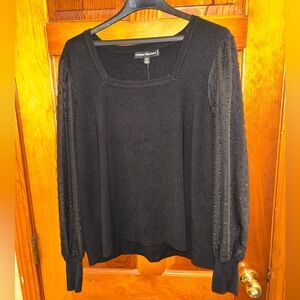 Catherine Malandrino Black Knit Top with Sheer Polka Dot Sleeves